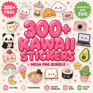 Può includere: Una collezione digitale di oltre 300 adesivi kawaii con varie illustrazioni carine tra cui un panda, tè boba, croissant, computer portatile, fotocamera, sushi e arcobaleno. Il testo centrale recita 300+ KAWAII STICKERS MEGA PNG BUNDLE con etichette aggiuntive per uso commerciale.