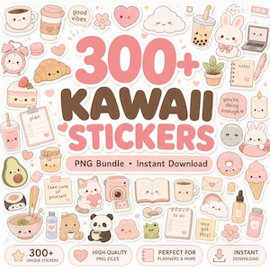 Puede incluir: Una colección digital de más de 300 pegatinas kawaii con ilustraciones en tonos pastel de animales, comida, bebidas y artículos de papelería con caras sonrientes. El texto dice 300+ KAWAII STICKERS, PNG BUNDLE, INSTANT DOWNLOAD y más.