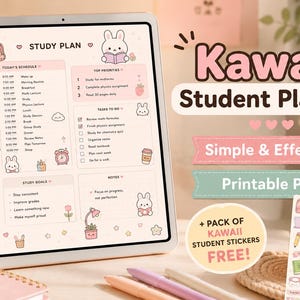 May include: A digital tablet displaying a pink and white study plan template with bunny illustrations, alongside text reading Kawaii Student Planner, Simple & Effective, Printable PDF, and a sheet of matching stickers with various icons.