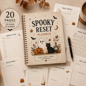 May include: A 20-page spiral-bound planner titled Spooky Reset Planner with a beige cover featuring a ghost, a black cat, a pumpkin, and autumn leaves. The set includes loose-leaf pages for weekly plans, mood tracking, and self-care goals.
