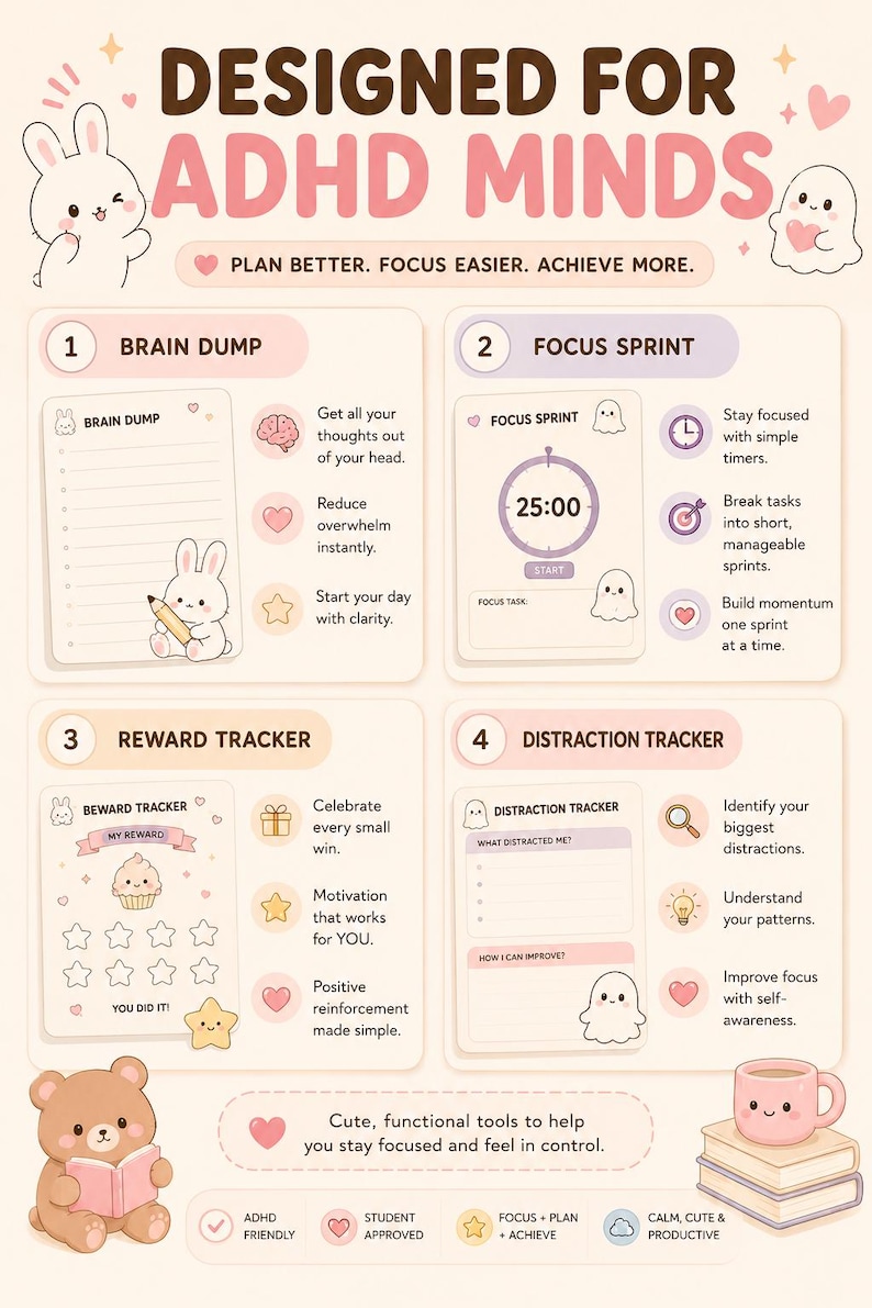 ADHD Student Planner | Pastel Kawaii Daily Weekly Organizer (PDF ...