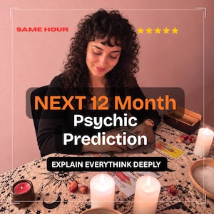 May include: A psychic reading service advertisement featuring the text SAME HOUR, NEXT 12 Month Psychic Prediction, and EXPLAIN EVERYTHING DEEPLY. The image displays tarot cards spread on a patterned cloth with lit white candles and a small bowl.