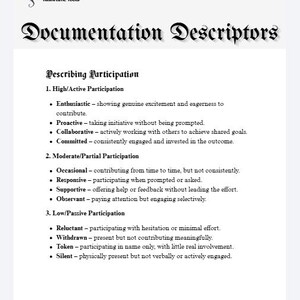 May include: A white document titled Documentation Descriptors by Dragonstone Therapeutic Tools. It lists participation levels: High/Active, Moderate/Partial, and Low/Passive, with bulleted definitions for each category in black text on a white background.