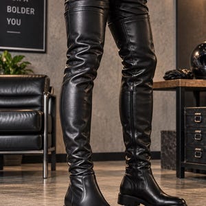 May include: Black leather over-the-knee boots featuring a smooth finish, a rounded toe, a thick lug sole, and a vertical side zipper closure. The boots extend well above the knee, providing a sleek, fitted appearance with visible stitching.