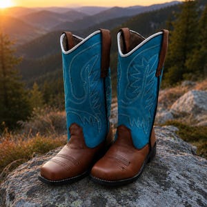 Handmade Leather Cowboy Boots for Men | Brown & Turquoise Western Boots | Square Toe Ranch Boots | Rodeo Boots | Western Riding Boots