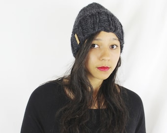 Knit Slouchy Hat, Grey Lambswool Blend, Winter Skull Cap