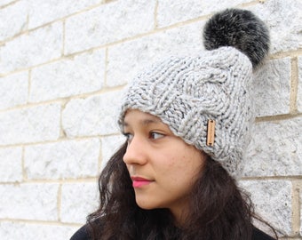 Women's winter knit hat, Cable knit hat, Faux fur pom pom hat with knit cables - The Kyoto- Gift for her, Grey knit hat