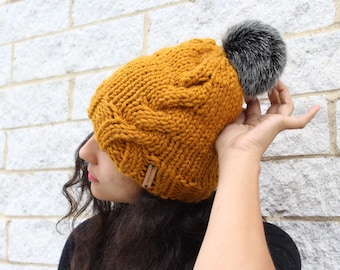 Women's winter knit hat, Cable knit hat, Faux fur pom pom hat with knit cables - The Kyoto- Gift for her