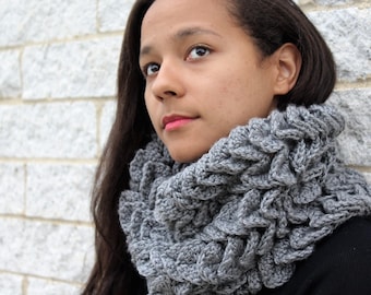 Women's crochet winter scarf in grey - The Abela-  Knit petal scarf, Gift for her, Korean fashion, gift for her