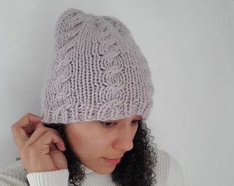 Lilac Cable Knit Beanie, Alpaca Wool Blend Winter Hat