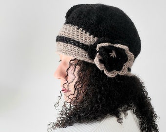 Women's winter hat, Crochet  flower hat in Black and Taupe, Crochet ladies hat, Alpaca wool hat