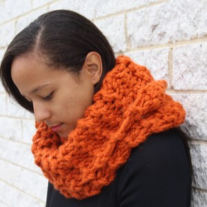 Chunky textured cowl scarf, Knit circle scarf, Hooded scarf - The Edita - Orange knit scarf