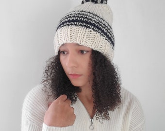 Women's winter knit hat, Striped knit hat, Knit wool hat, Chunky knit beanie in Cream and Navy. The striped maple