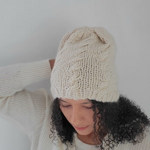 Women&#39;s winter knit hat, Cable knit hat, Knit wool hat, Chunky knit beanie in Cream. The Hawthorn