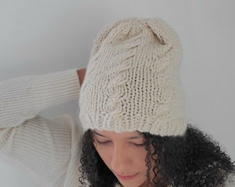 Women's winter knit hat, Cable knit hat, Knit wool hat, Chunky knit beanie in Cream. The Hawthorn