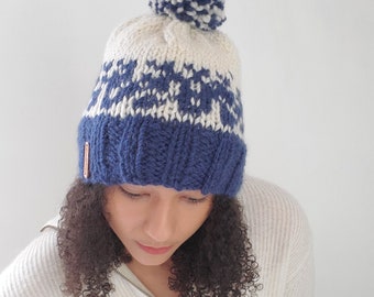 Women's winter hat, Knit slouchy hat - Colorwork knit hat- Gift ideas, White and blue hat