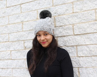 レディース冬用ニット帽、ケーブルニット帽、ニットケーブル付き