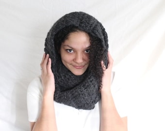 Winter scarf, Chunky hooded cowl in charcoal grey - The Guenevere cowl - Crochet winter scarf, Thick infinity scarf