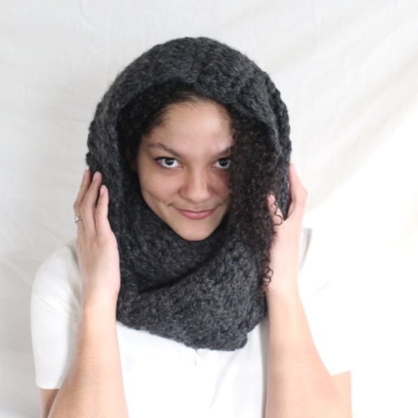Winter scarf, Chunky hooded cowl in charcoal grey - The Guenevere cowl - Crochet winter scarf, Thick infinity scarf