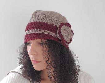 Crochet Baby Alpaca Women's Hat, Taupe Burgundy Flower