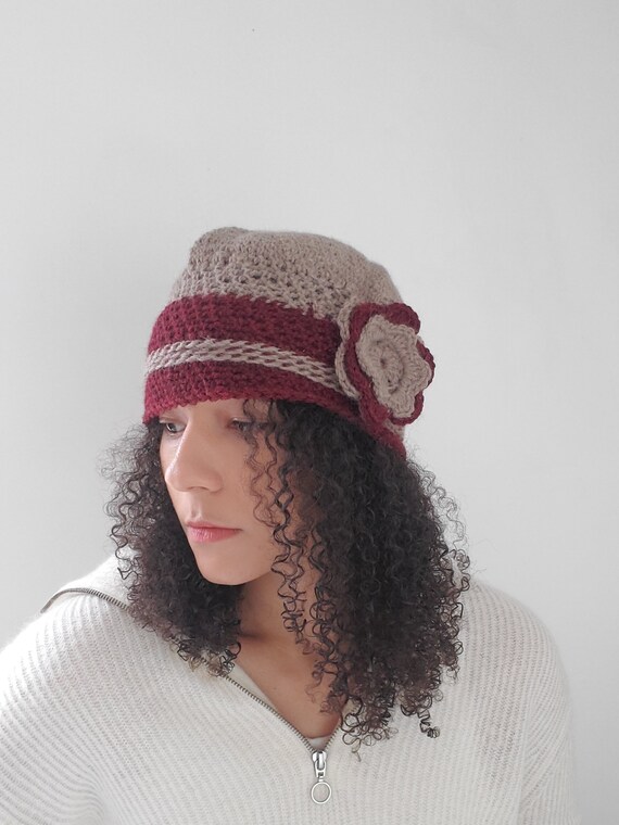 Women's Winter Hat, Crochet Flower Hat in Taupe and Burgundy