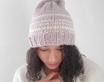 Women's winter knit hat, Striped knit hat, Knit wool hat, Chunky knit beanie in Cream and Lilac The striped maple