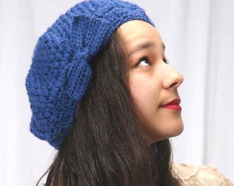 Boina azul real de ganchillo, estilo cloche con lazo, estilo coreano