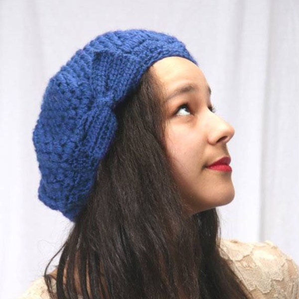 Królewski niebieski beret szydełkowy, kokardka, styl koreański