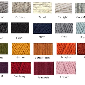 Puede incluir: Una tabla de 25 colores de hilo diferentes, cada uno con un nombre. Los colores incluyen Fisherman, Driftwood, Oatmeal, Wheat, Starlight, Grey Marble, Barley, Gemstone, Charcoal, Black, Navy, Slate, Succulent, Kale, Grass, Cilantro, Mustard, Butterscotch, Pumpkin, Spice, Claret, Fig, Eggplant, Cranberry, Poinsettia y Blossom.