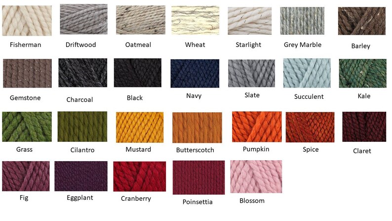 Puede incluir: Una tabla de 25 colores de hilo diferentes, cada uno con un nombre. Los colores incluyen Fisherman, Driftwood, Oatmeal, Wheat, Starlight, Grey Marble, Barley, Gemstone, Charcoal, Black, Navy, Slate, Succulent, Kale, Grass, Cilantro, Mustard, Butterscotch, Pumpkin, Spice, Claret, Fig, Eggplant, Cranberry, Poinsettia y Blossom.