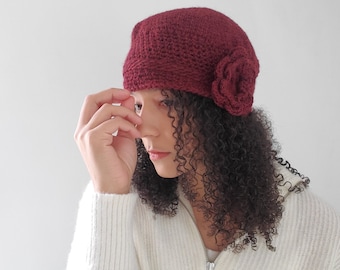 Burgundy Crochet Alpaca Flower Hat, Handmade Winter Beanie