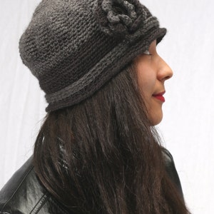 Womens winter hat, Crochet flower hat in grey and black, Crochet ladies hat image 4