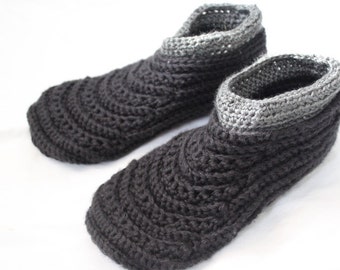 Mens crochet slippers, Adult moccasins, warm winter house shoes for men, Black house shoes
