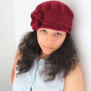 Womens winter hat, Crochet flower hat in grey and black, Crochet ladies hat Burgundy