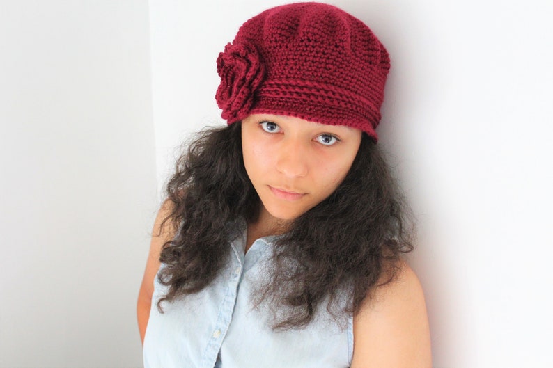 Womens winter hat, Crochet flower hat in grey and black, Crochet ladies hat Burgundy