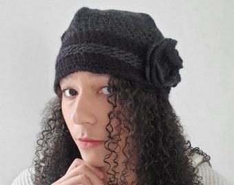 Womens winter hat, Crochet  flower hat in grey and black, Crochet ladies hat, Wool hat