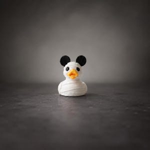 May include: A small rubber duck figurine wrapped in white bandages to resemble a mummy. The duck features two round black ears on top of its head, a bright yellow beak, and small black eyes, creating a distinct character design for display.