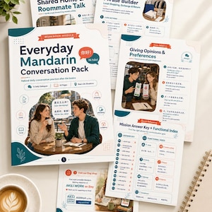 May include: A collection of Everyday Mandarin Conversation Pack workbook pages featuring educational content, dialogue exercises, and vocabulary lists. The documents include headers like Unit 04, Unit 07, and Mission Answer Key, with illustrations of people conversing.