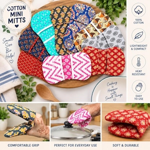 Cotton Mini Oven Mitts, Small Pot Holders, Quilted Kitchen Mitts, Heat Resistant Pot Handle Covers, Handmade Kitchen Gift