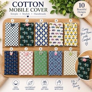 Puede incluir: Diez fundas rectangulares de algodón para móvil con varios estampados, incluyendo elefantes, flores y formas geométricas. Cada funda tiene un pequeño botón decorativo en la parte superior. El texto COTTON MOBILE COVER aparece arriba.