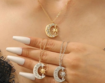 Collar con colgante de luna y sol de circonita, joyería celestial, collar punk vintage, regalo para mujeres y hombres.