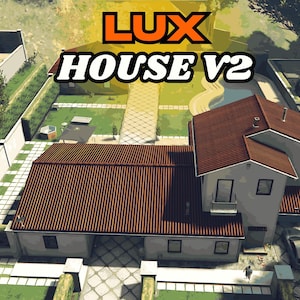 Può includere: Una vista aerea di una casa a due piani con tetto in tegole marroni, pareti bianche e una piscina nel cortile. Il testo LUX HOUSE V2 è visualizzato in grandi lettere arancioni e bianche nella parte superiore centrale dell'immagine.