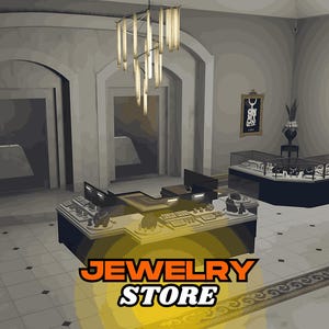 May include: A jewelry store interior featuring a central display counter and a corner glass case filled with various jewelry pieces. A modern chandelier with vertical light tubes hangs from the ceiling. The text JEWELRY STORE is visible.