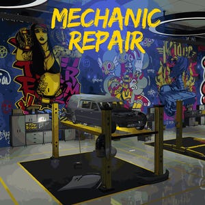 Può includere: Un'illustrazione digitale di un'officina meccanica con un veicolo grigio scuro sollevato su un ponte elevatore giallo. Le pareti sono coperte da graffiti colorati e il testo "MECHANIC REPAIR" è visualizzato in grassetto giallo.
