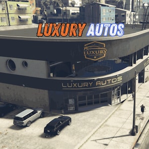 Peut inclure: Un bâtiment commercial à plusieurs étages portant l'inscription LUXURY AUTOS avec une façade noire et grise, un logo emblème doré, de grandes vitrines et un parking avec trois véhicules, dont un SUV argenté et deux voitures noires.