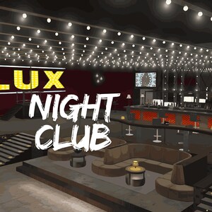 Puede incluir: Una vista interior de un club nocturno con un letrero grande que dice LUX NIGHT CLUB en letras amarillas. El espacio incluye una barra larga con iluminación roja, áreas de asientos curvas de color marrón con mesas pequeñas y luces colgantes.