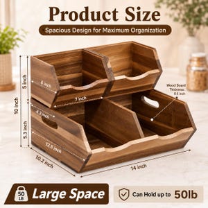 May include: A two-tiered wooden storage organizer with a dark brown finish. The unit features four open compartments with cut-out handles. Dimensions are labeled as 14 inches wide, 10.2 inches deep, and 10 inches high, with 0.5 inch thick wood boards.