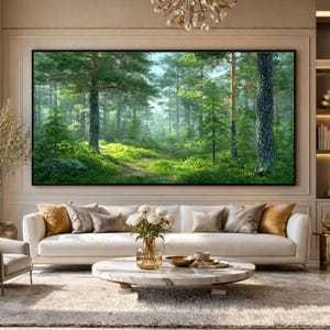 Lienzo con diseño de sendero matutino en el bosque, arte mural de pinos, lienzo con paisaje natural, escena de bosque verde, decoración de pared exterior tranquila.