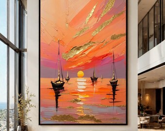 Sunset Sailboats Canvas Wall Art, Orange and Gold Abstract Ocean Scene, Modern Seascape Painting, Coastal Home Decor, Ready to Hang Canvas