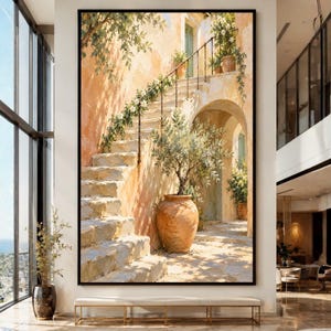 Mediterrane Hoftreppe als Leinwandbild, Rustikale Steintreppe als Wandbild, Olivenbaum-Topfdekoration, Sonnige Außenszene als Leinwandbild, Inneneinrichtung